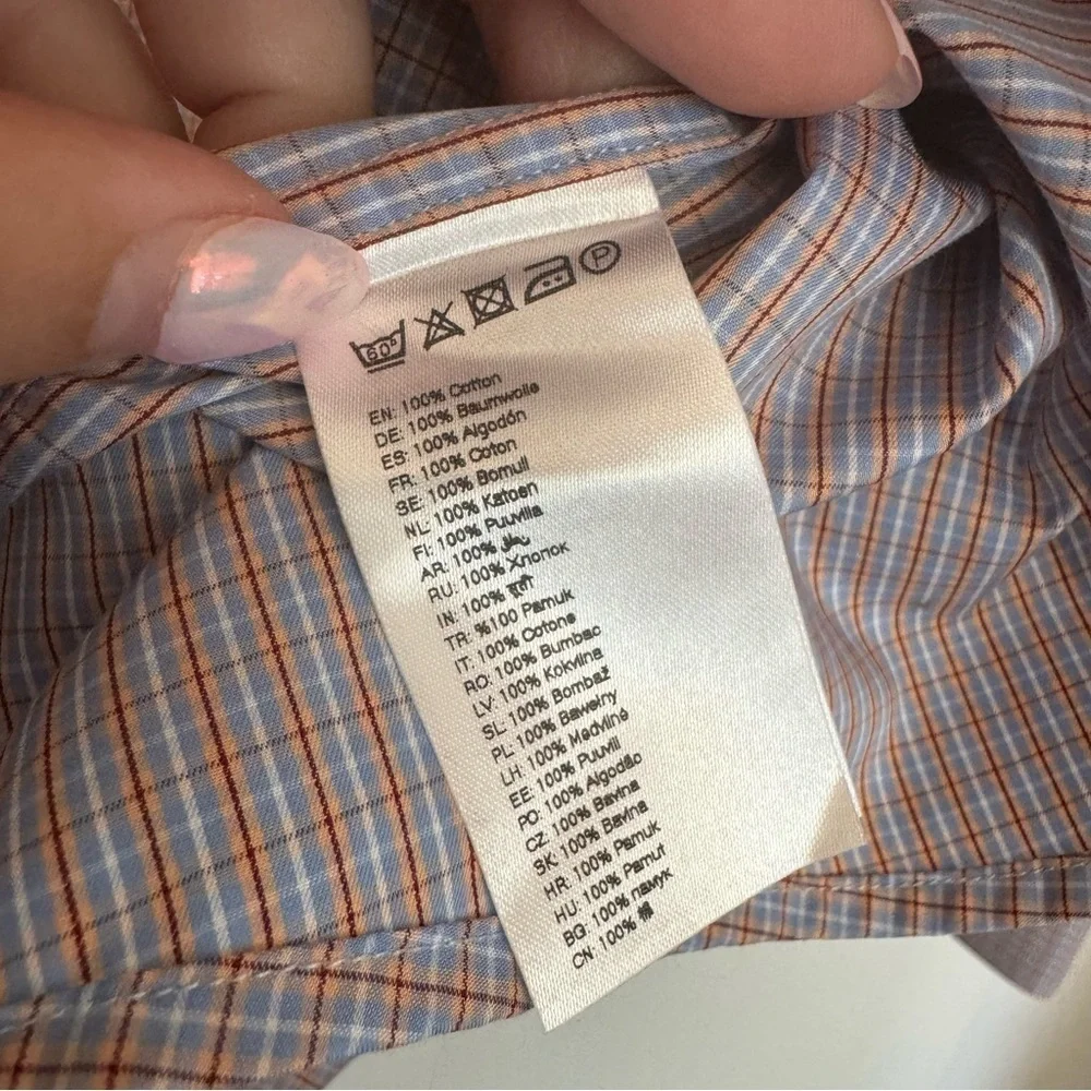 Eton Checkered Plaid Button Down Dress Shirt Orange & Blue